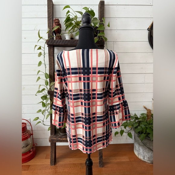 Charter Club Pink and Navy Blue Boat Neck Blouse with Bell Flared Sleeves - Picture 9 of 17